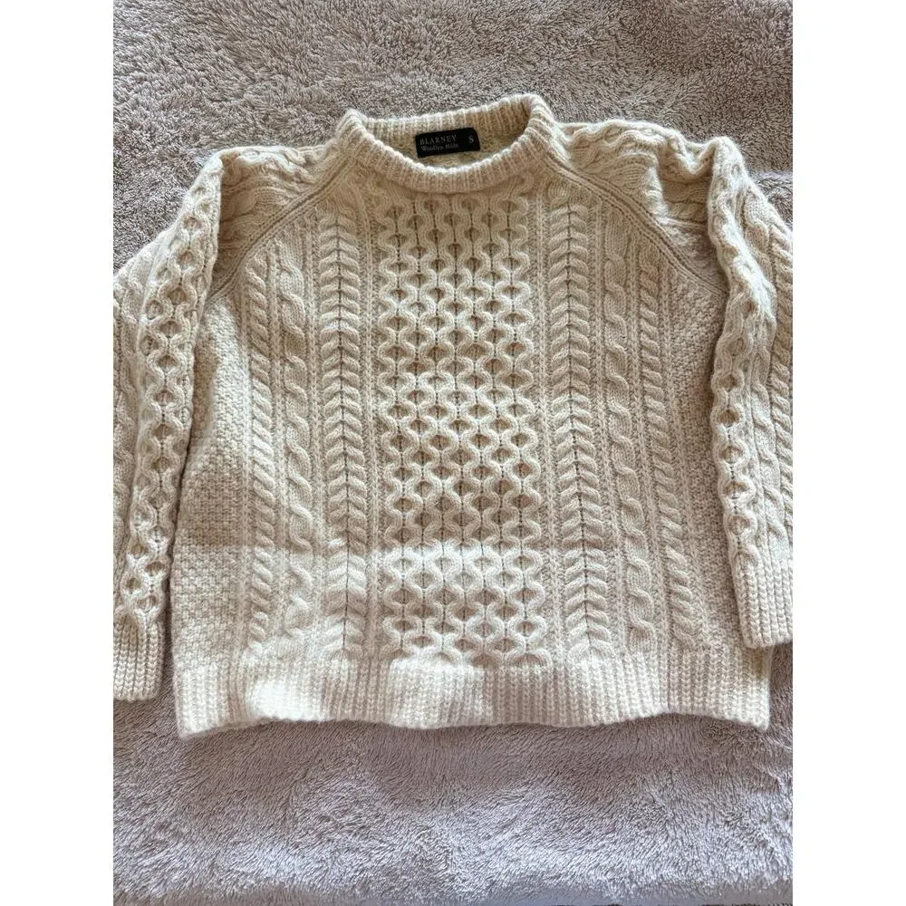 Blarney Woollen Mills Aran Sweater Cream Cable Knit Fisherman Wool Pullover S